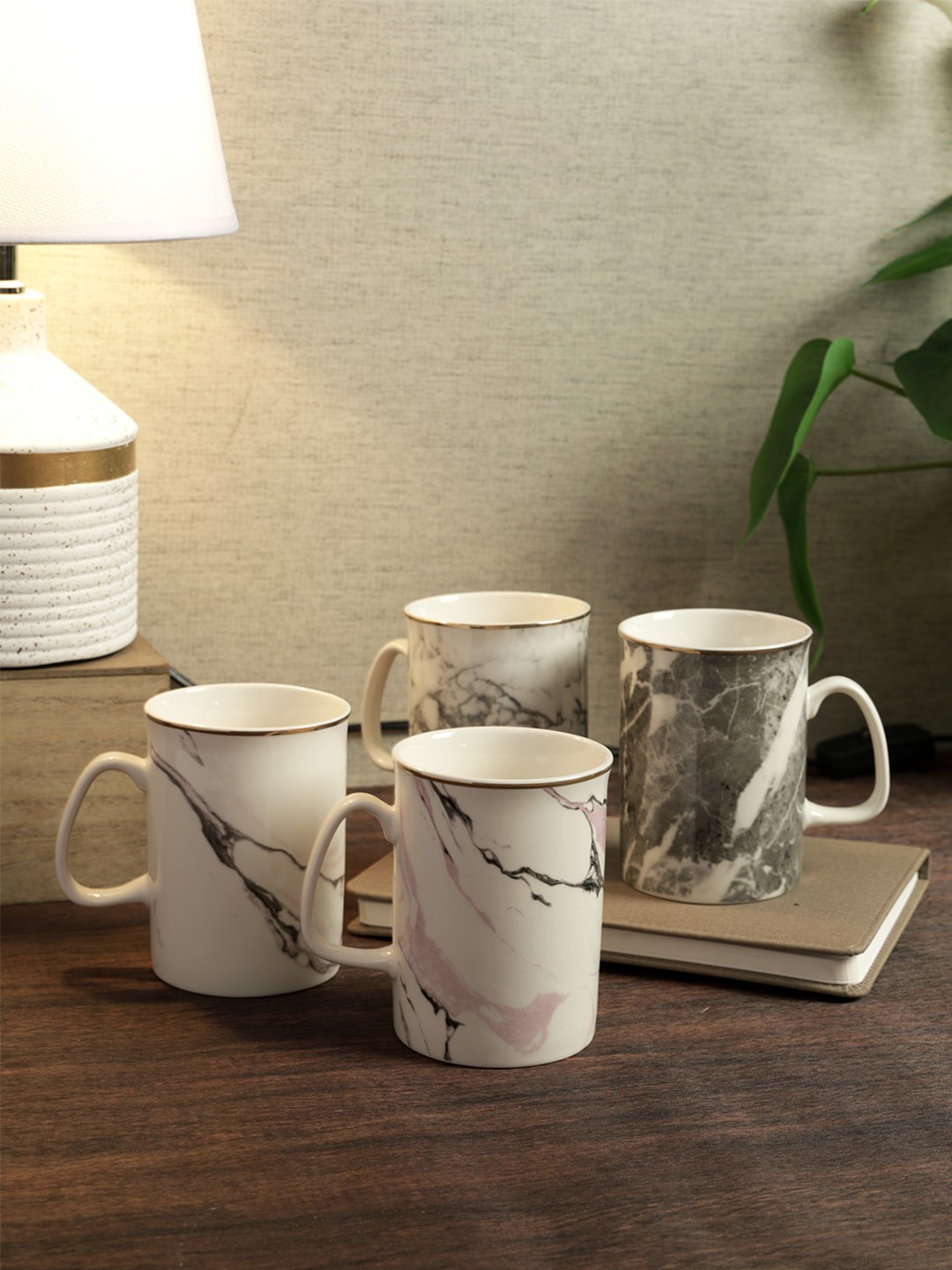 

House Of Accessories Grey & White 4 Pieces Ethnic Printed Bone China Glossy Mugs 350 ml