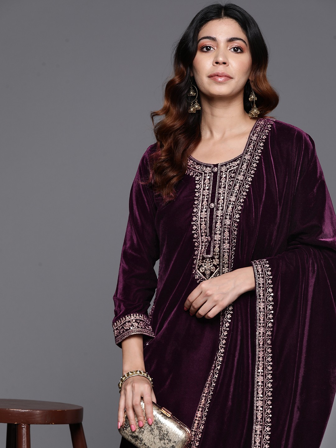

Libas Women Floral Yoke Design Regular Sequinned Velvet Kurta with Palazzos & Dupatta, Purple