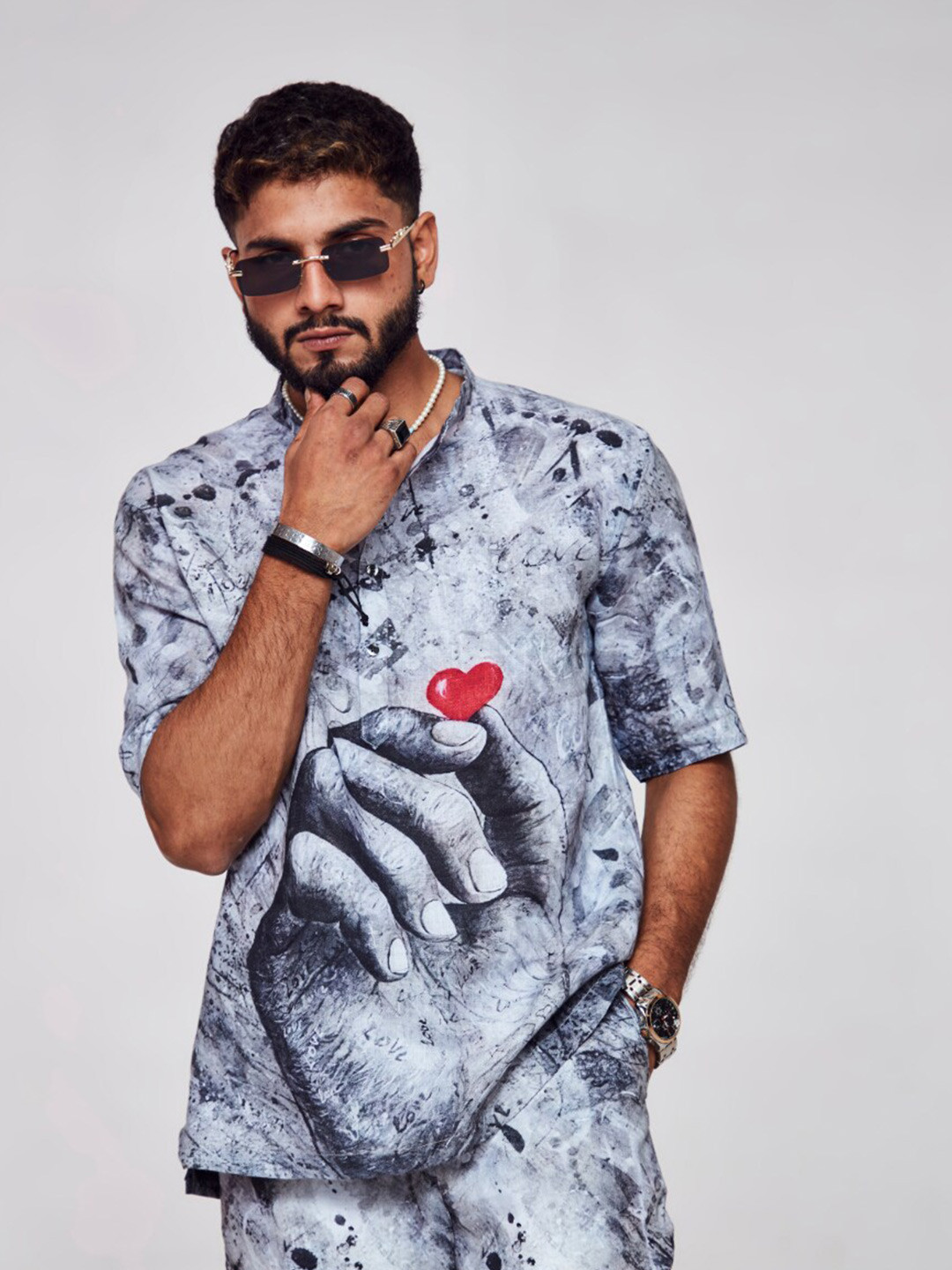 

ADDY'S for men Comfort Conversational Printed Band Collar Linen Casual Shirt, Grey