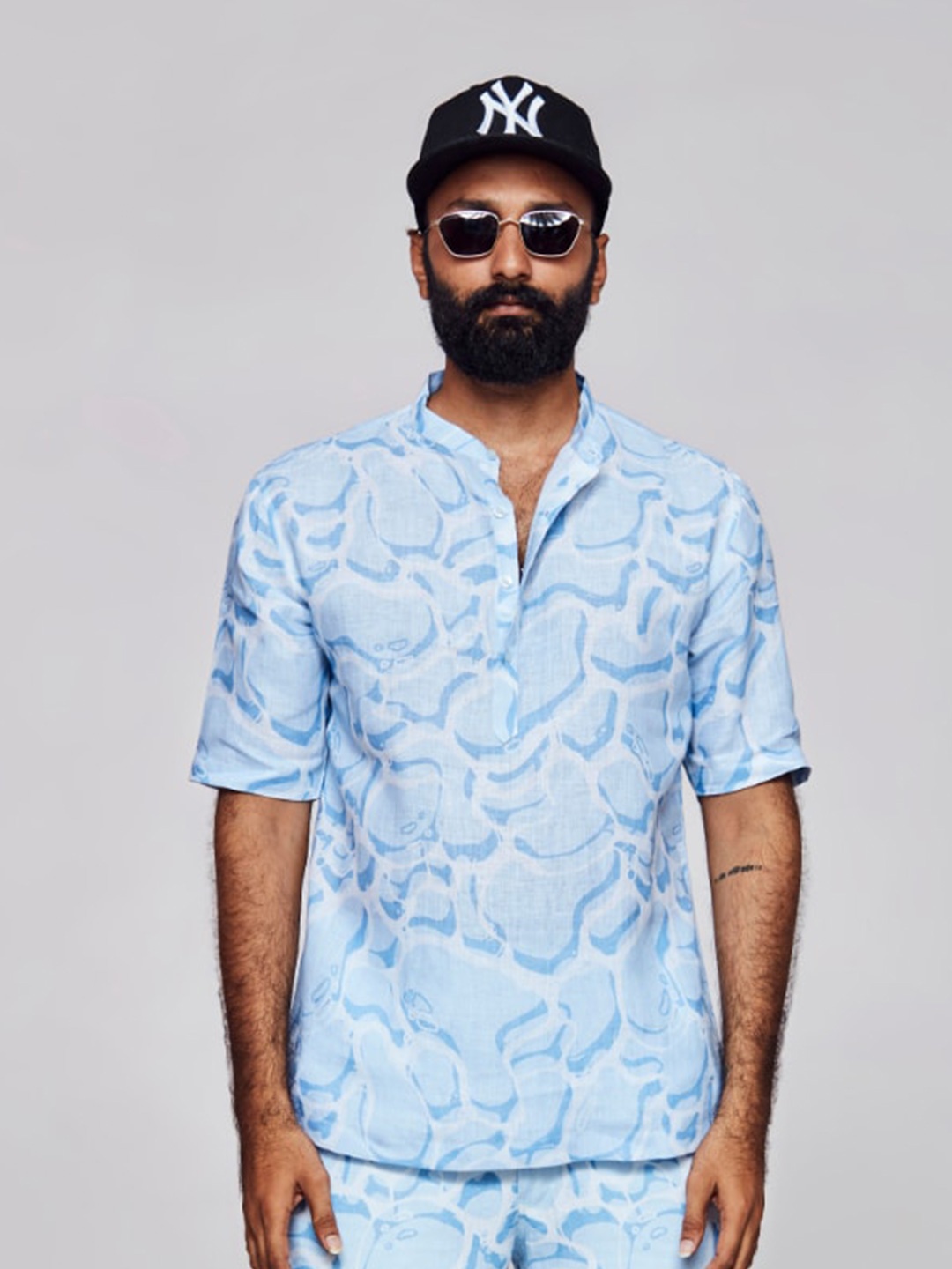 

ADDY'S for men Comfort Abstract Printed Band Collar Linen Casual Shirt, Turquoise blue