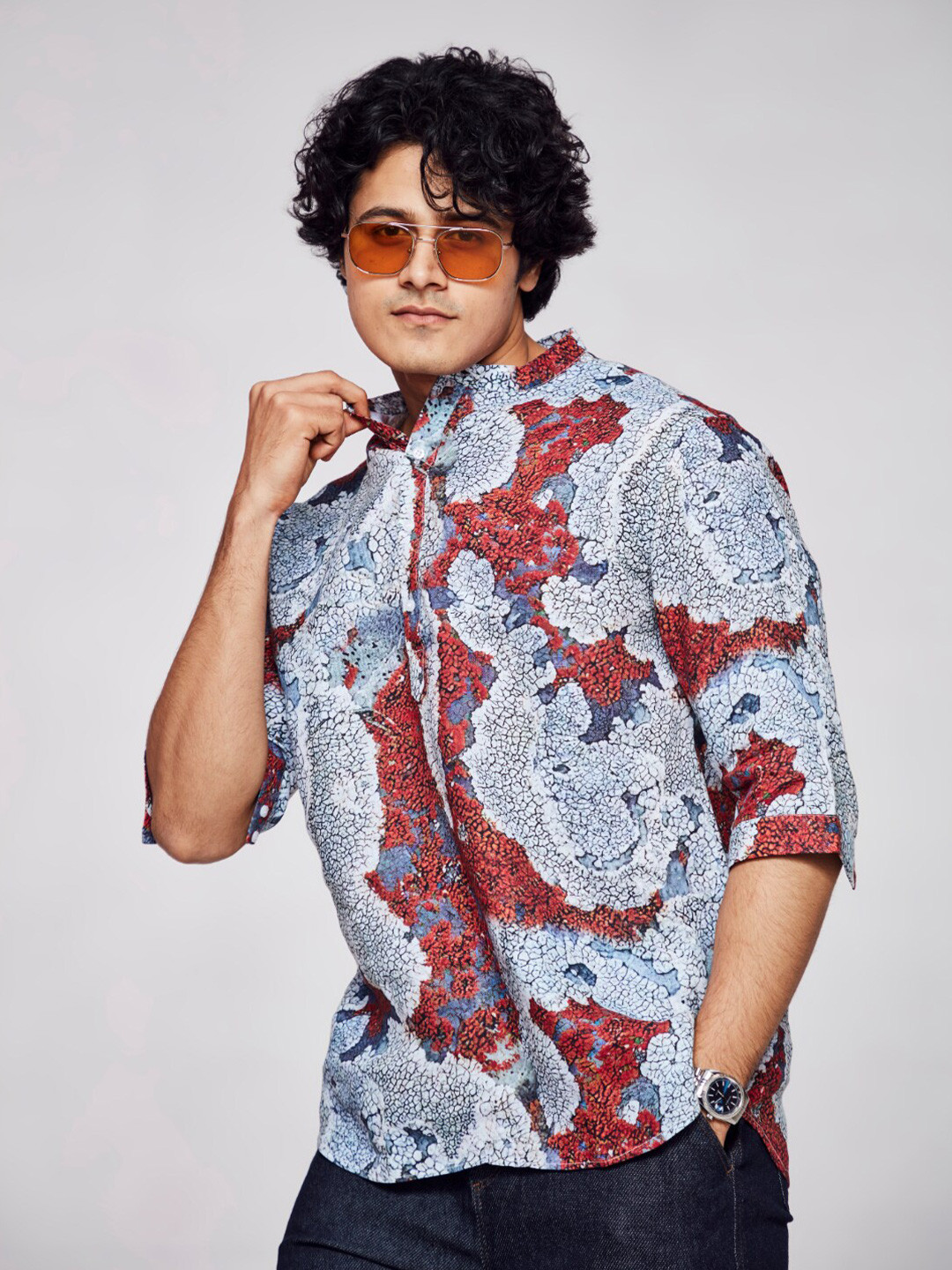 

ADDY'S for men Comfort Abstract Printed Band Collar Linen Casual Shirt, Grey
