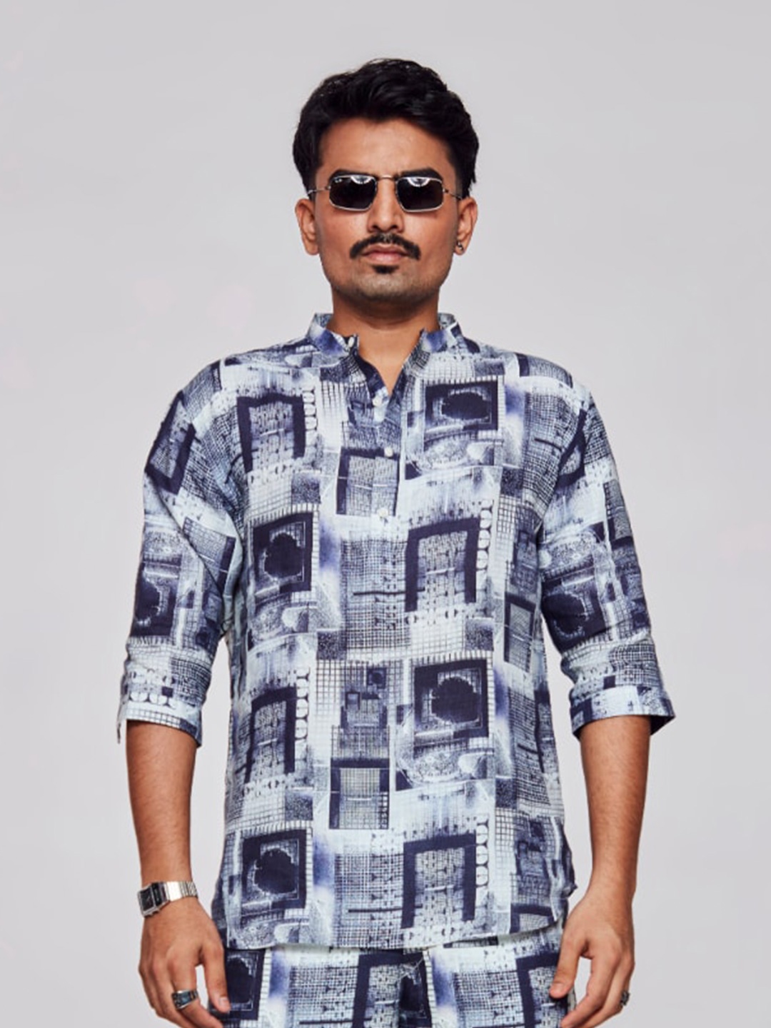 

ADDY'S for men Comfort Geometric Printed Band Collar Linen Casual Shirt, White