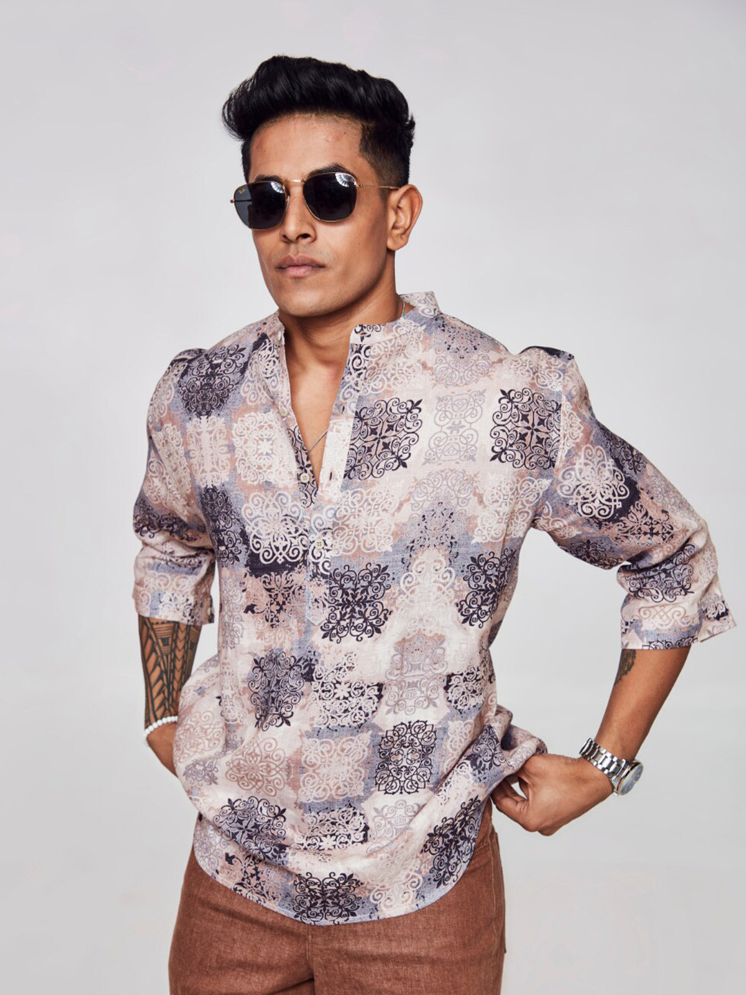 

ADDY'S for men Comfort Ethnic Motifs Printed Band Collar Linen Casual Shirt, Khaki