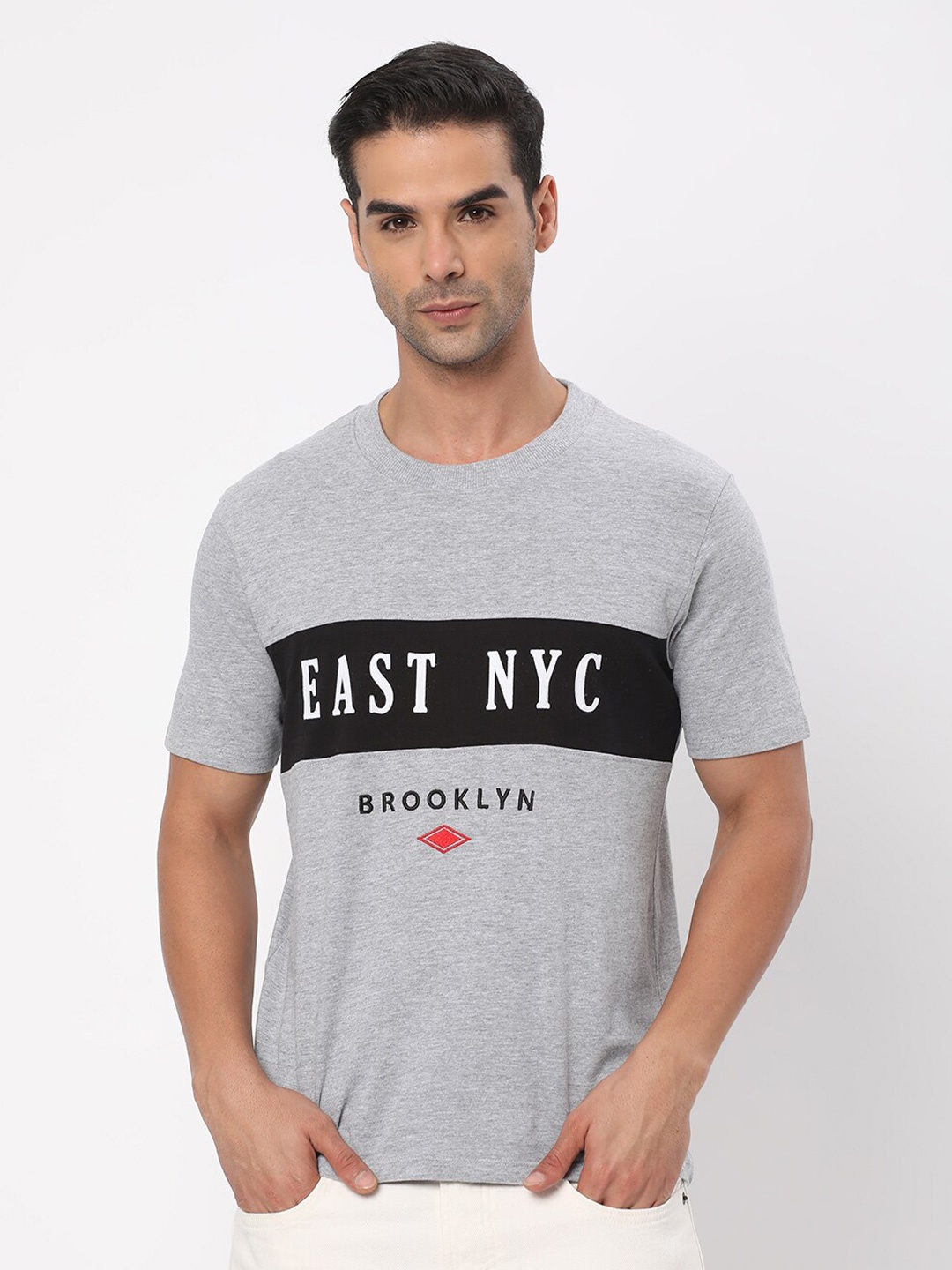 

R&B Typography Printed Cotton T-shirt, Grey melange