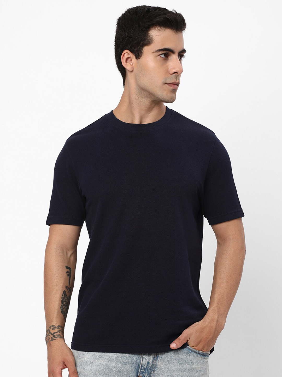 

R&B Round Neck Cotton T-shirt, Navy blue