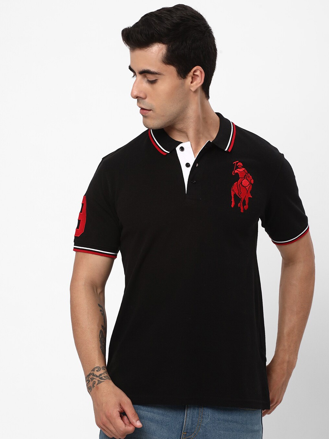 

R&B Polo Collar Cotton T-shirt, Black