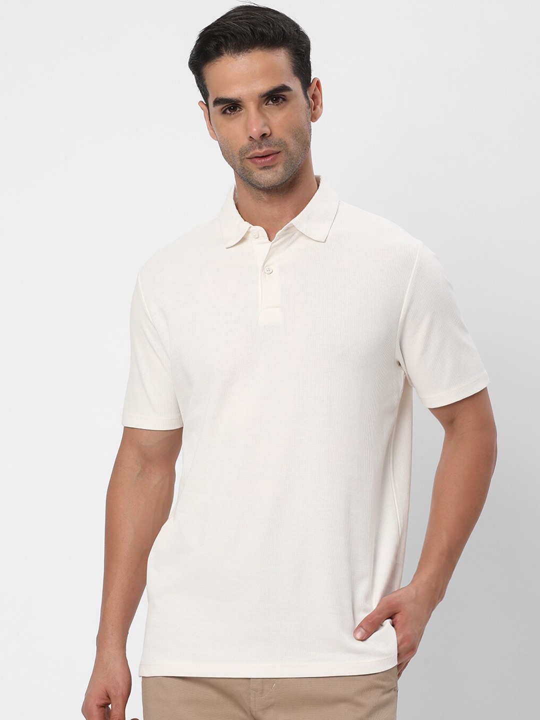 

R&B Polo Collar Short Sleeves Cotton T-shirt, White