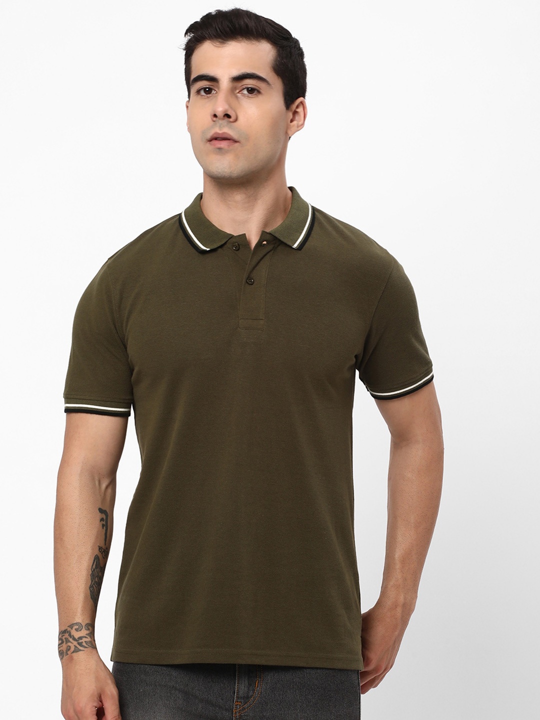 

R&B Polo Collar Short Sleeves Cotton T-shirt, Olive