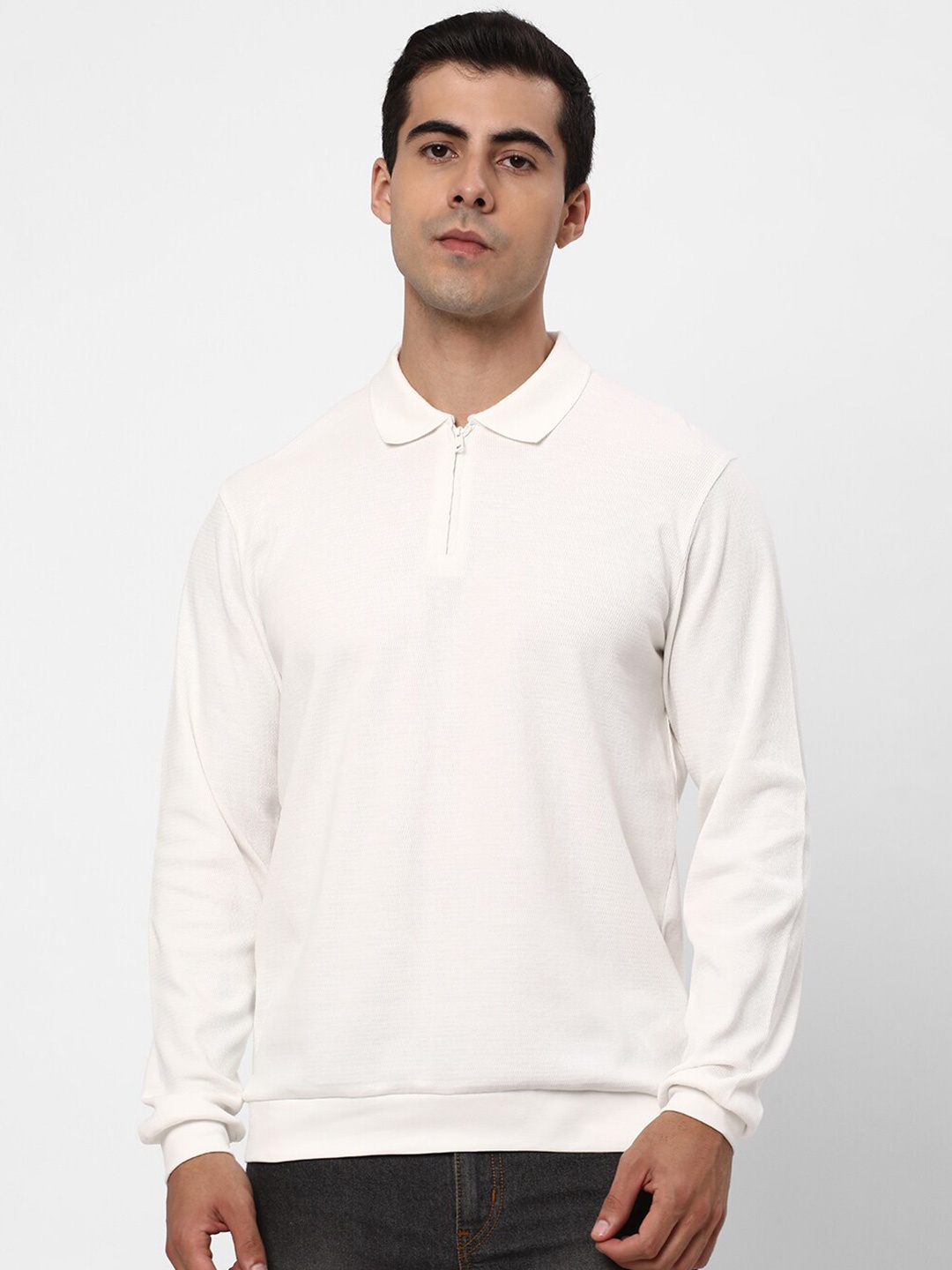 

R&B Polo Collar Long Sleeves Cotton T-shirt, White
