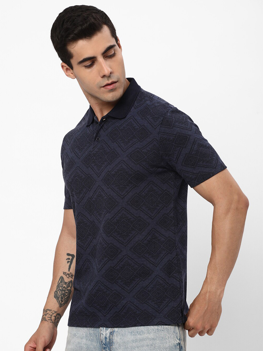 

R&B Geometric Printed Polo Collar Cotton T-shirt, Blue