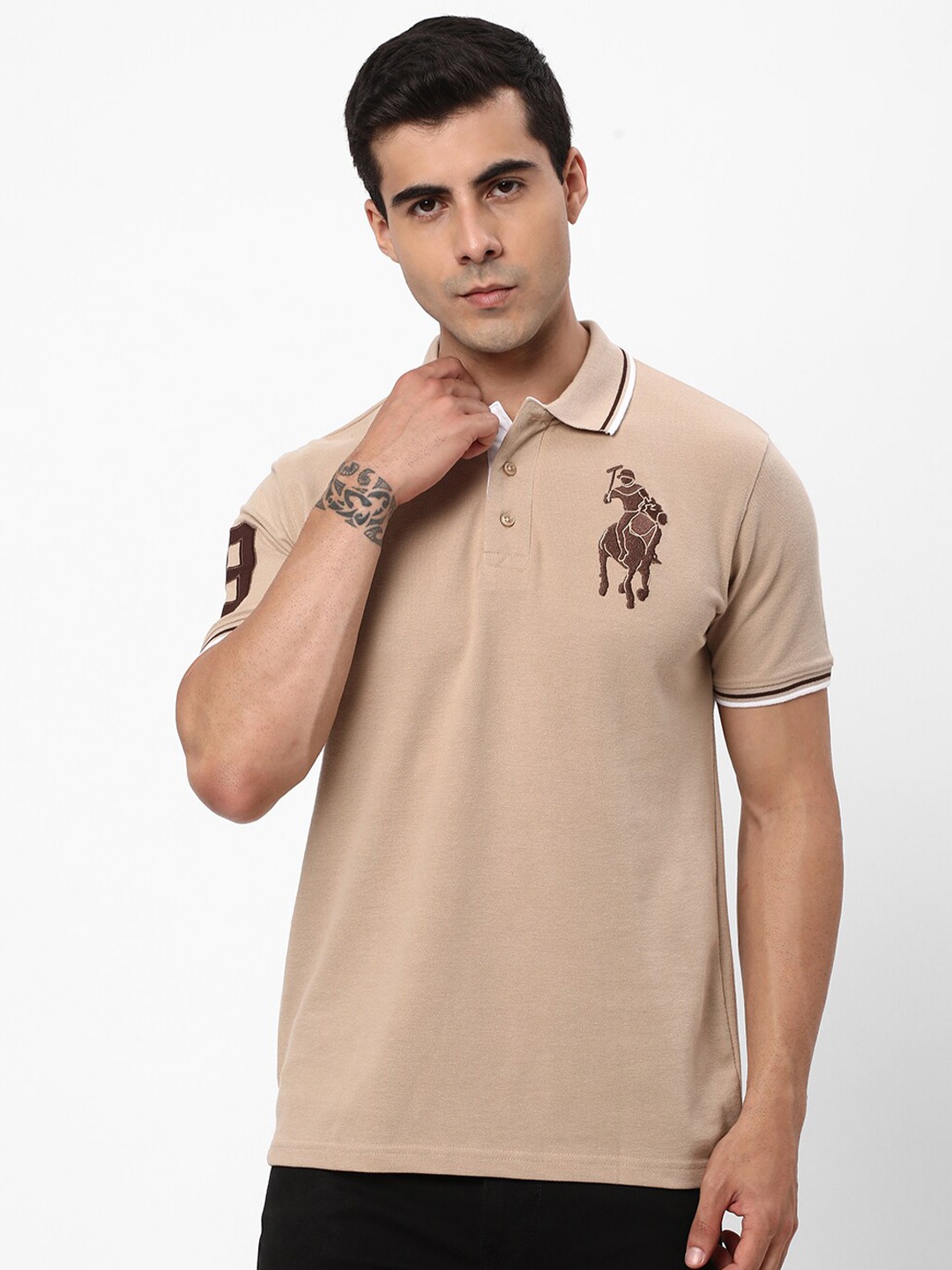 

R&B Polo Collar Cotton T-shirt, Beige