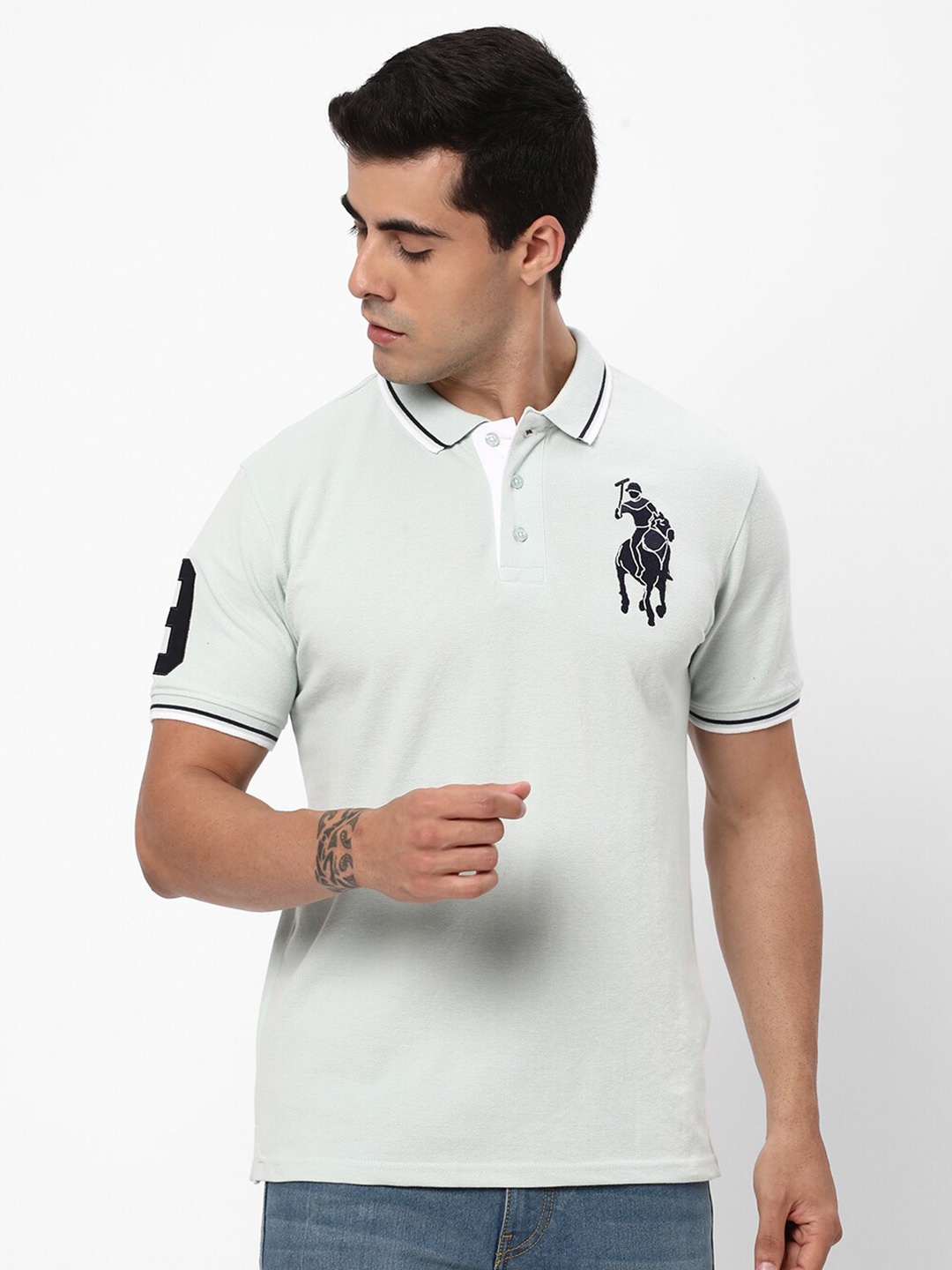 

R&B Graphic Printed Polo Collar Regular Fit Cotton T-shirt, Green