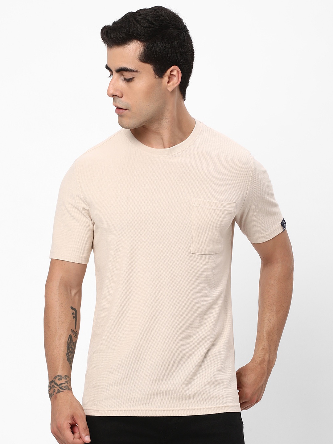 

R&B Round Neck Regular Fit Cotton T-shirt, Beige