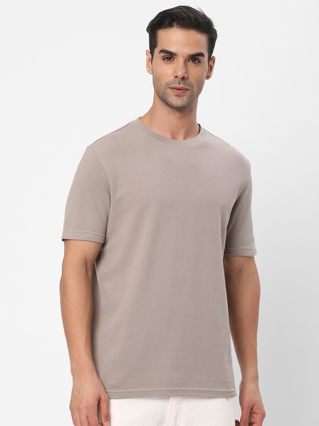 

R&B Round Neck Regular Fit Cotton T-shirt, Beige