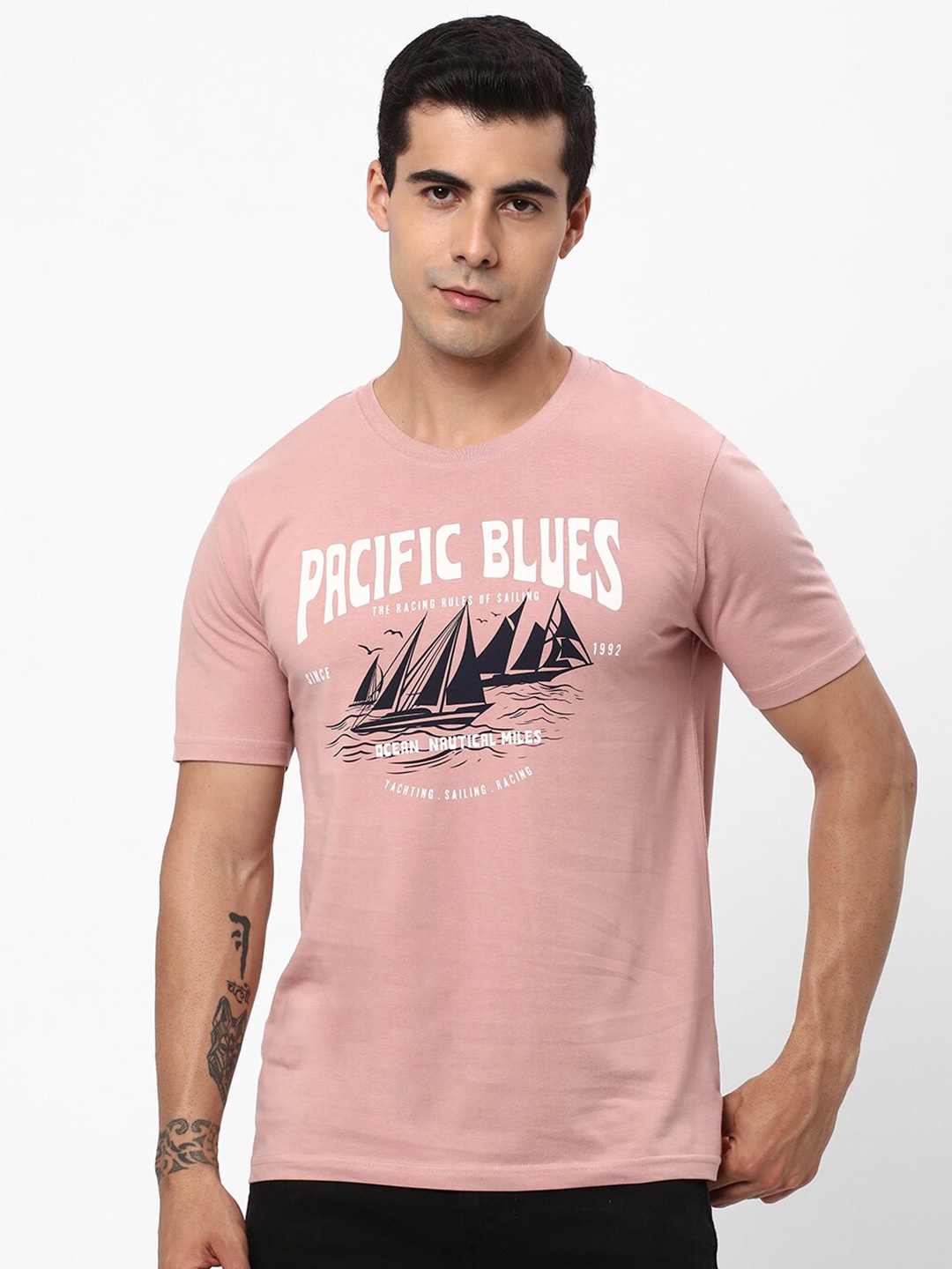 

R&B Typography Printed Round Neck Cotton T-Shirt, Pink