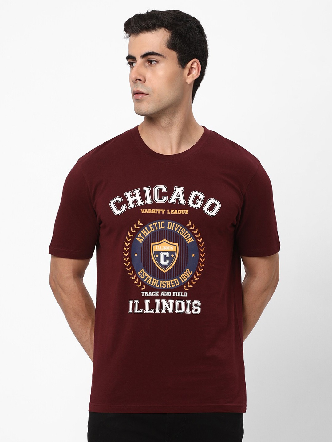 R&B Typography Printed Cotton T-Shirt, Maroon