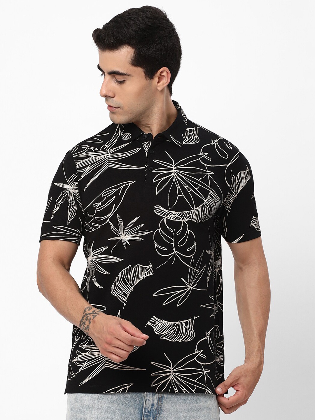 

R&B Tropical Printed Cotton T-Shirt, Black