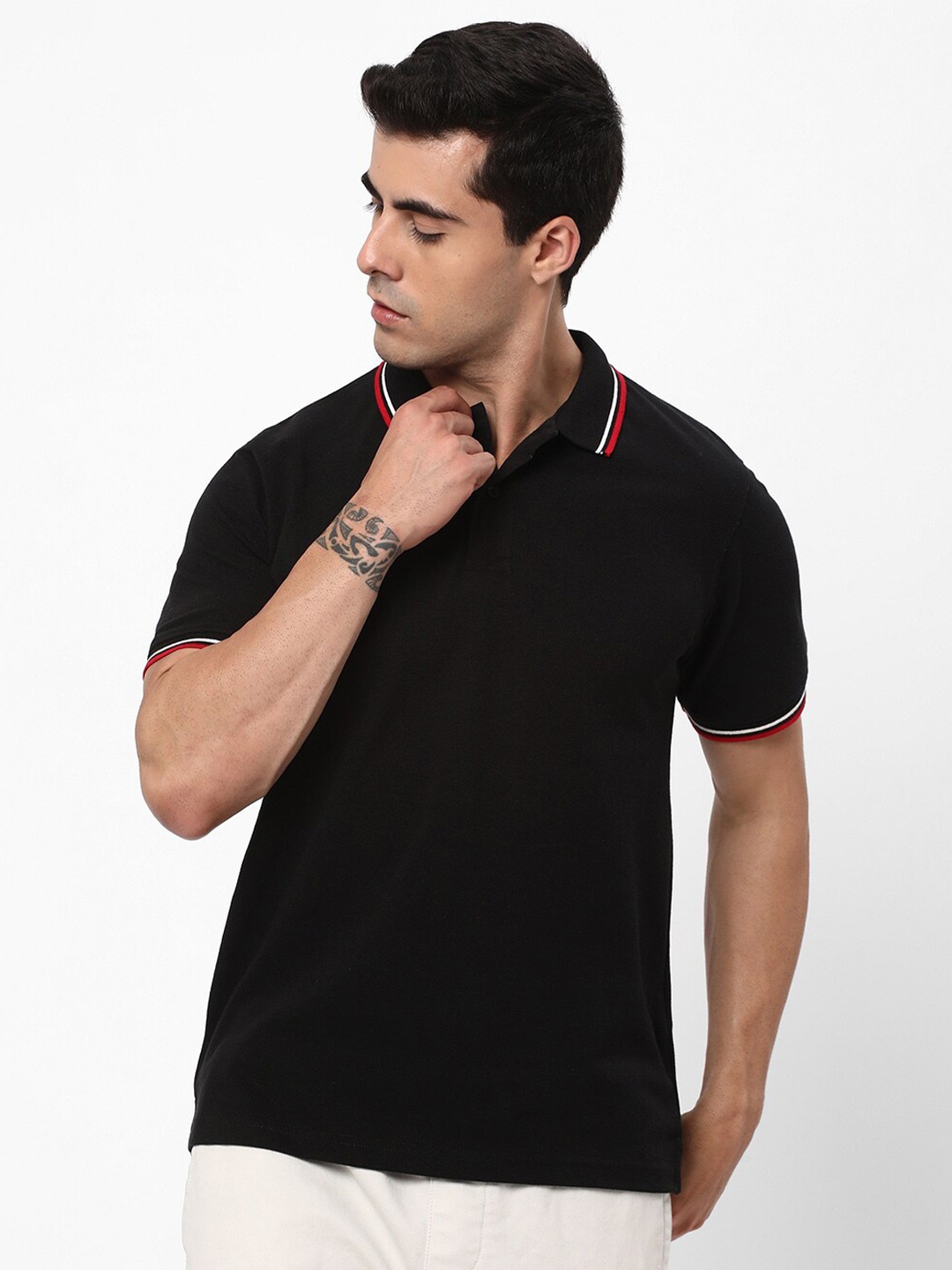 

R&B Polo Collar Cotton T-Shirt, Black