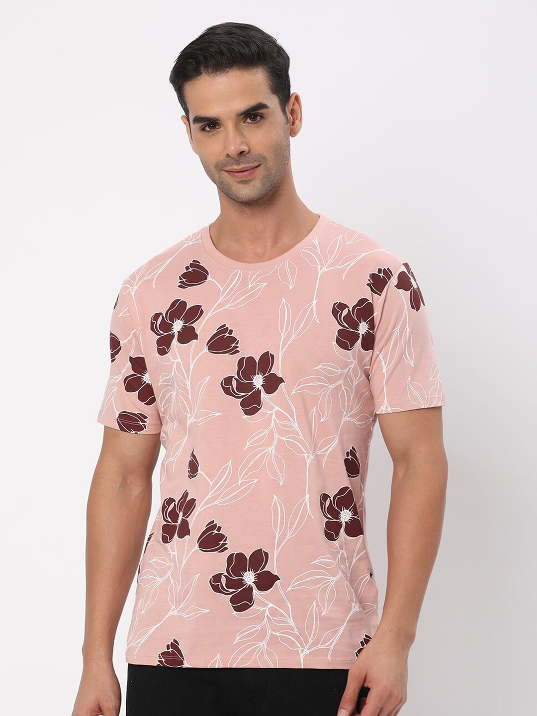 

R&B Floral Printed Round Neck Cotton T-shirt, Pink