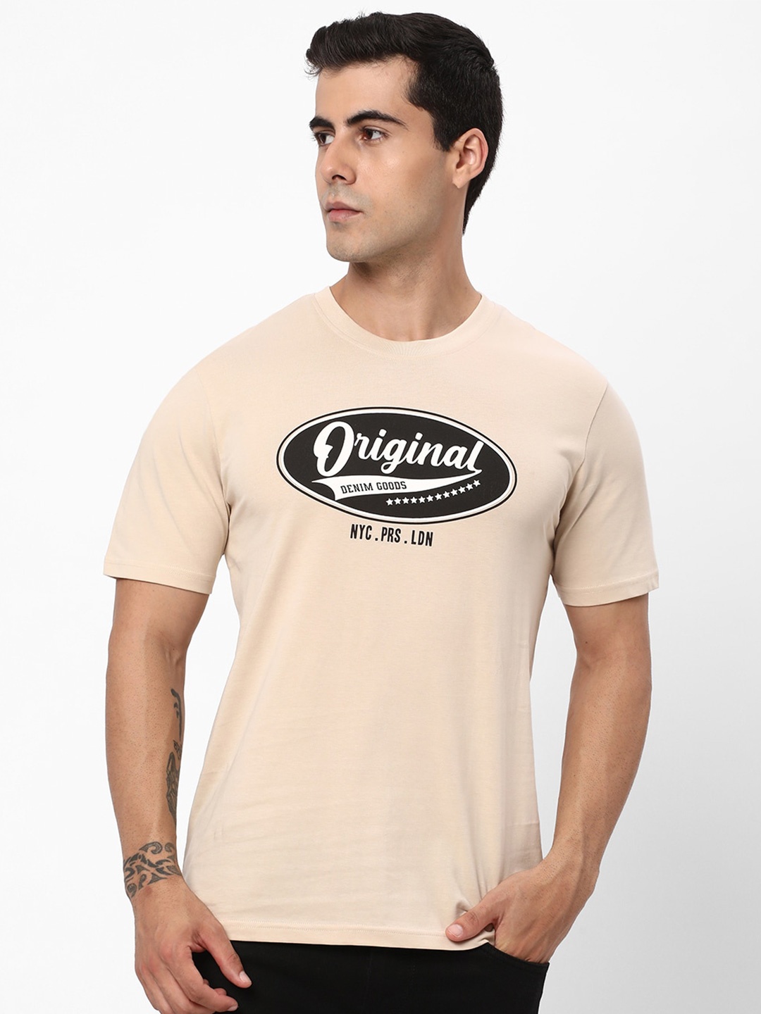 

R&B Typography Printed Cotton T-shirt, Beige