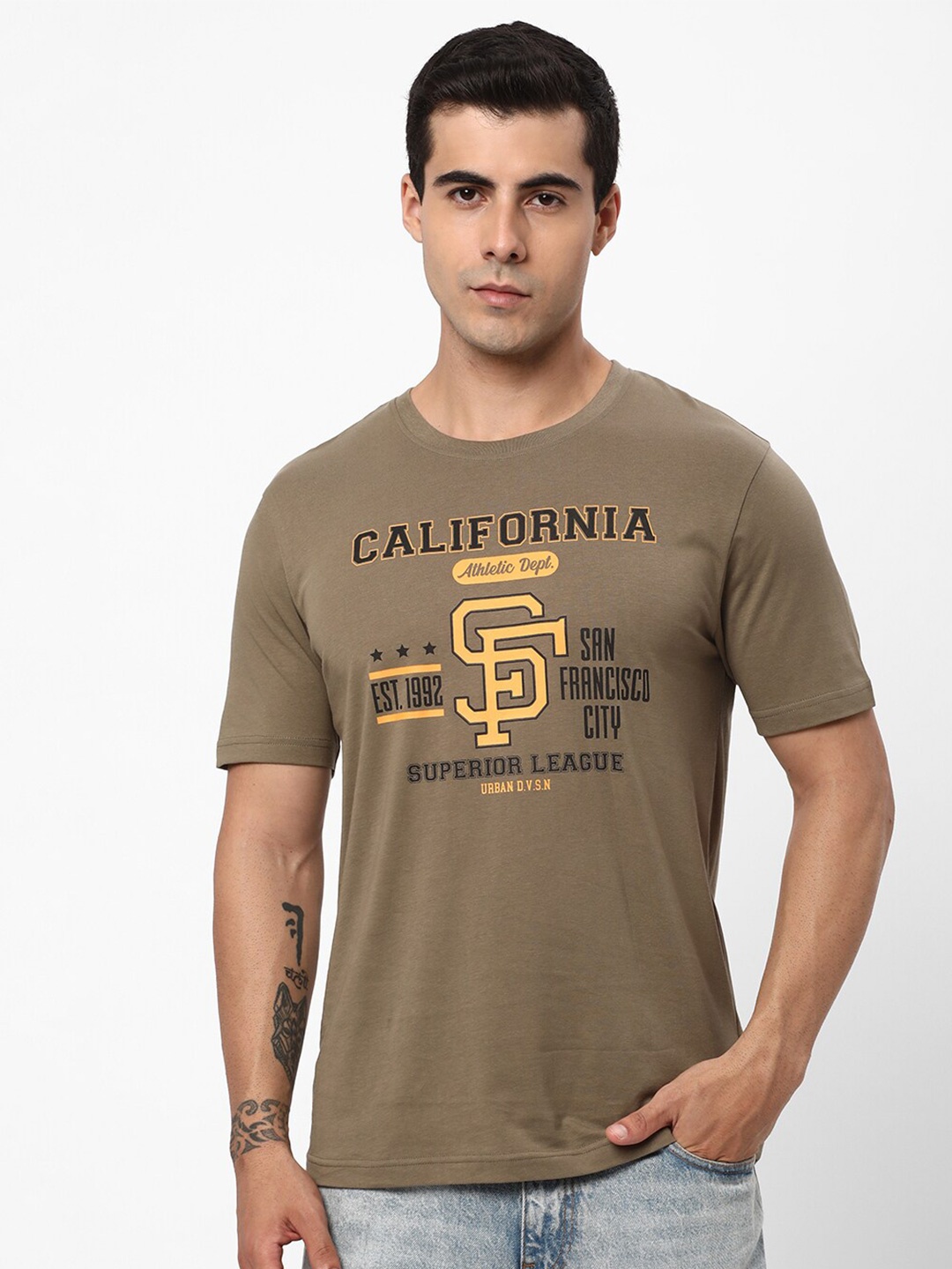 

R&B Typography Printed Cotton T-shirt, Olive