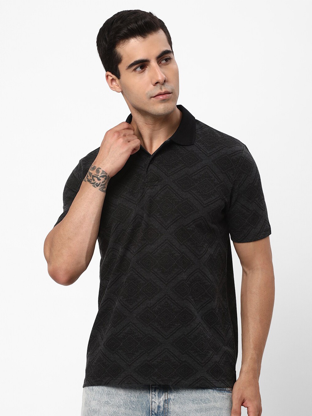 

R&B Geometric Printed Cotton Polo Collar T-shirt, Grey