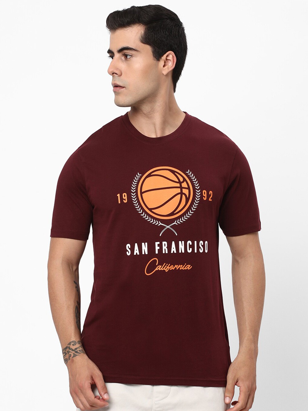 

R&B Graphic Printed Cotton T-shirt, Maroon