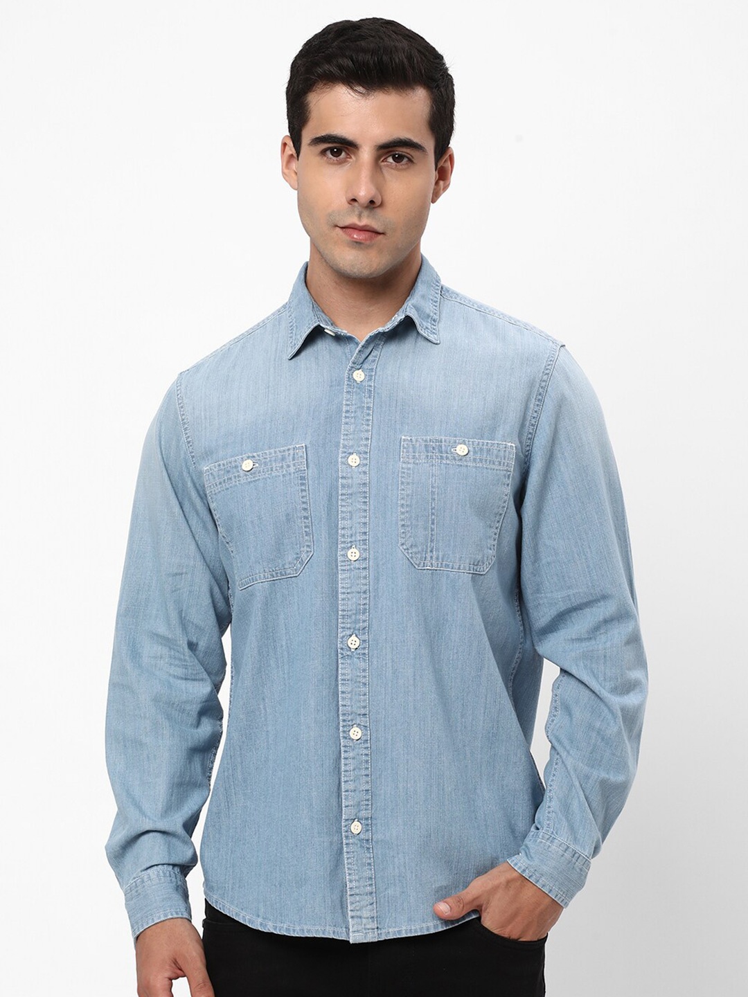 

R&B Spread Collar Cotton Casual Shirt, Blue