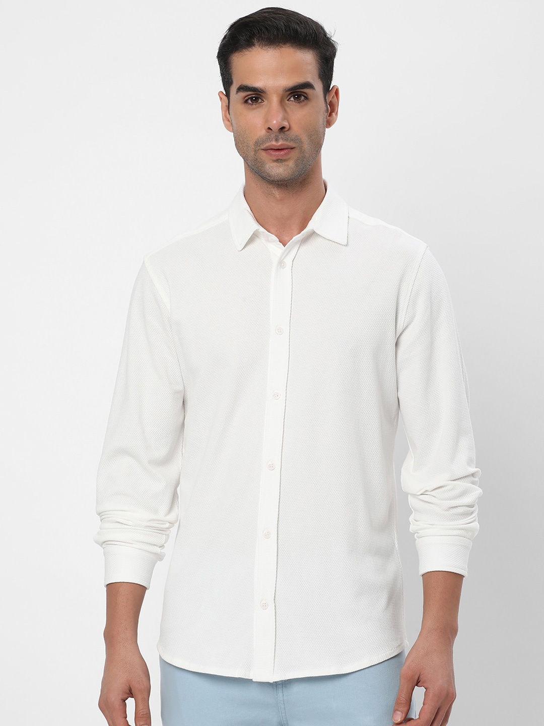 

R&B Spread Collar Cotton Casual Shirt, White