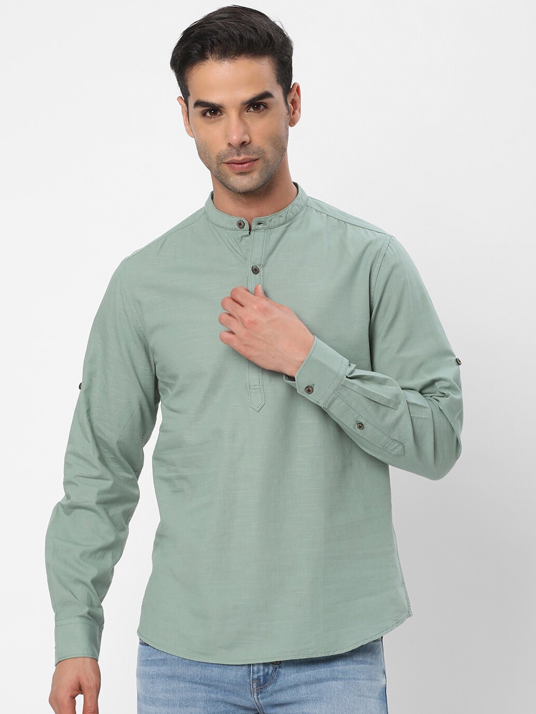 

R&B Mandarin Collar Opaque Cotton Casual Shirt, Green