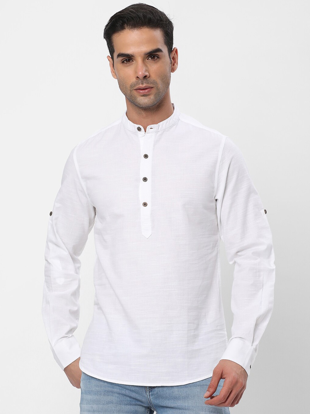 

R&B Mandarin Collar Opaque Cotton Casual Shirt, White