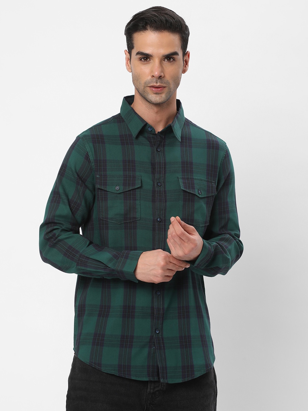 

R&B Checked Opaque Cotton Casual Shirt, Green