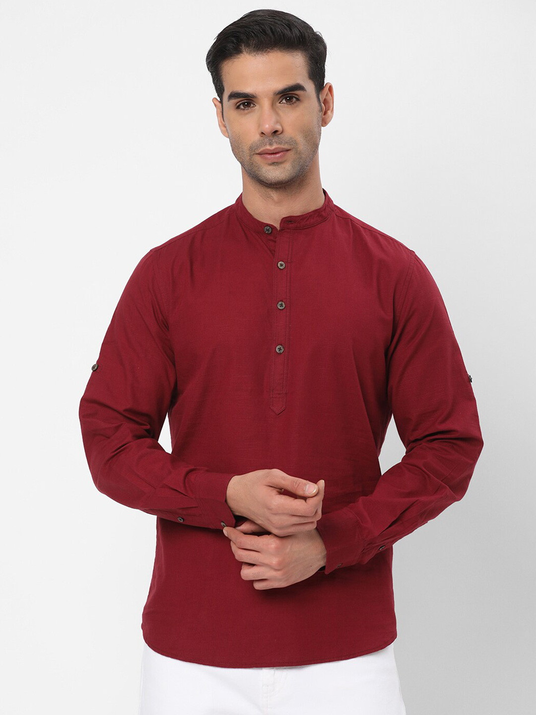 

R&B Mandarin Collar Opaque Cotton Casual Shirt, Red