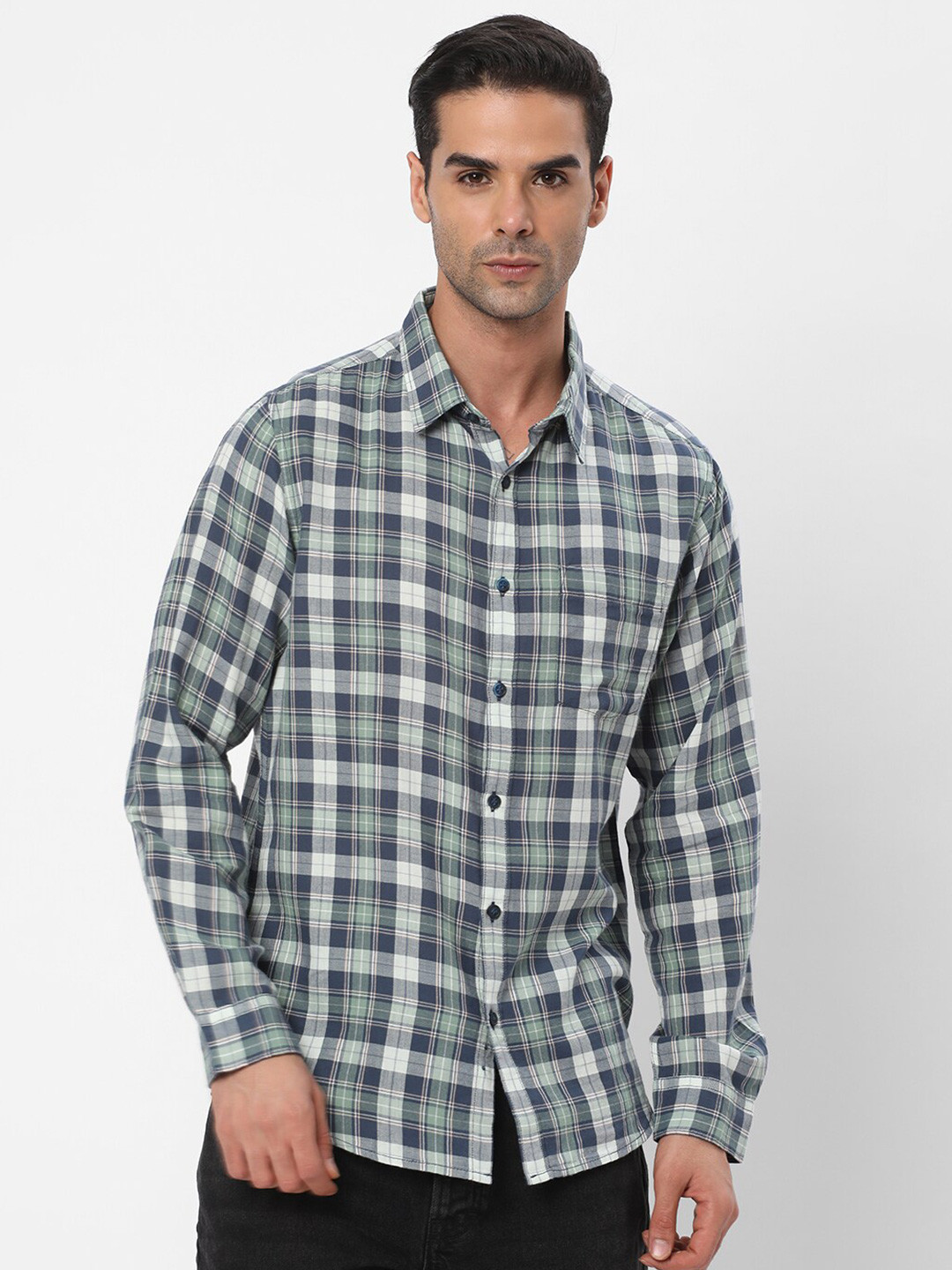 

R&B Tartan Checks Opaque Cotton Casual Shirt, Green