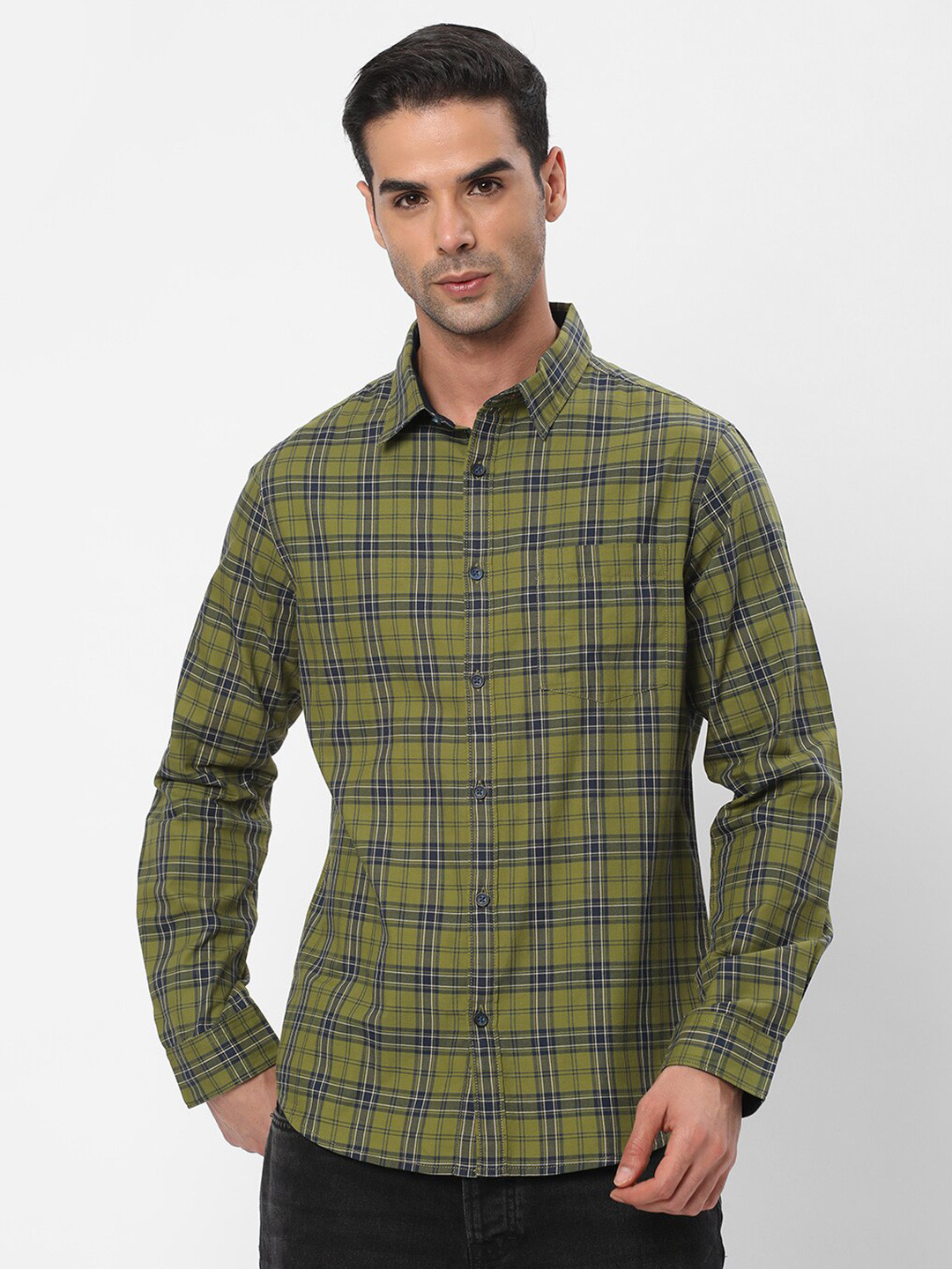 

R&B Tartan Checks Opaque Cotton Casual Shirt, Green