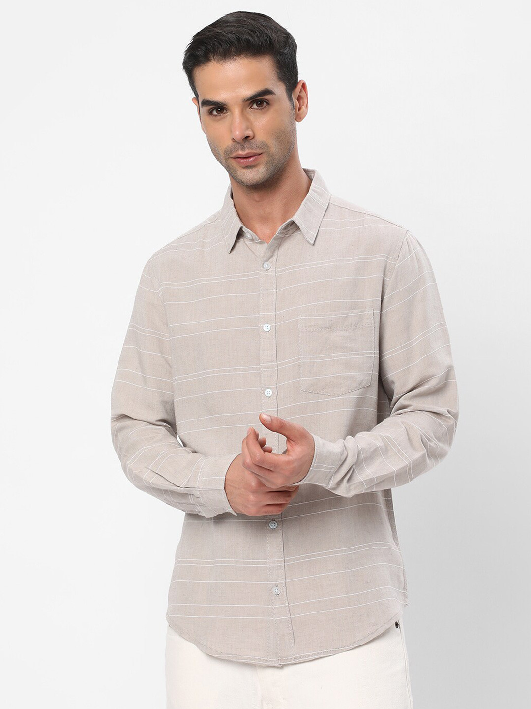 

R&B Horizontal Stripes Opaque Cotton Casual Shirt, Beige