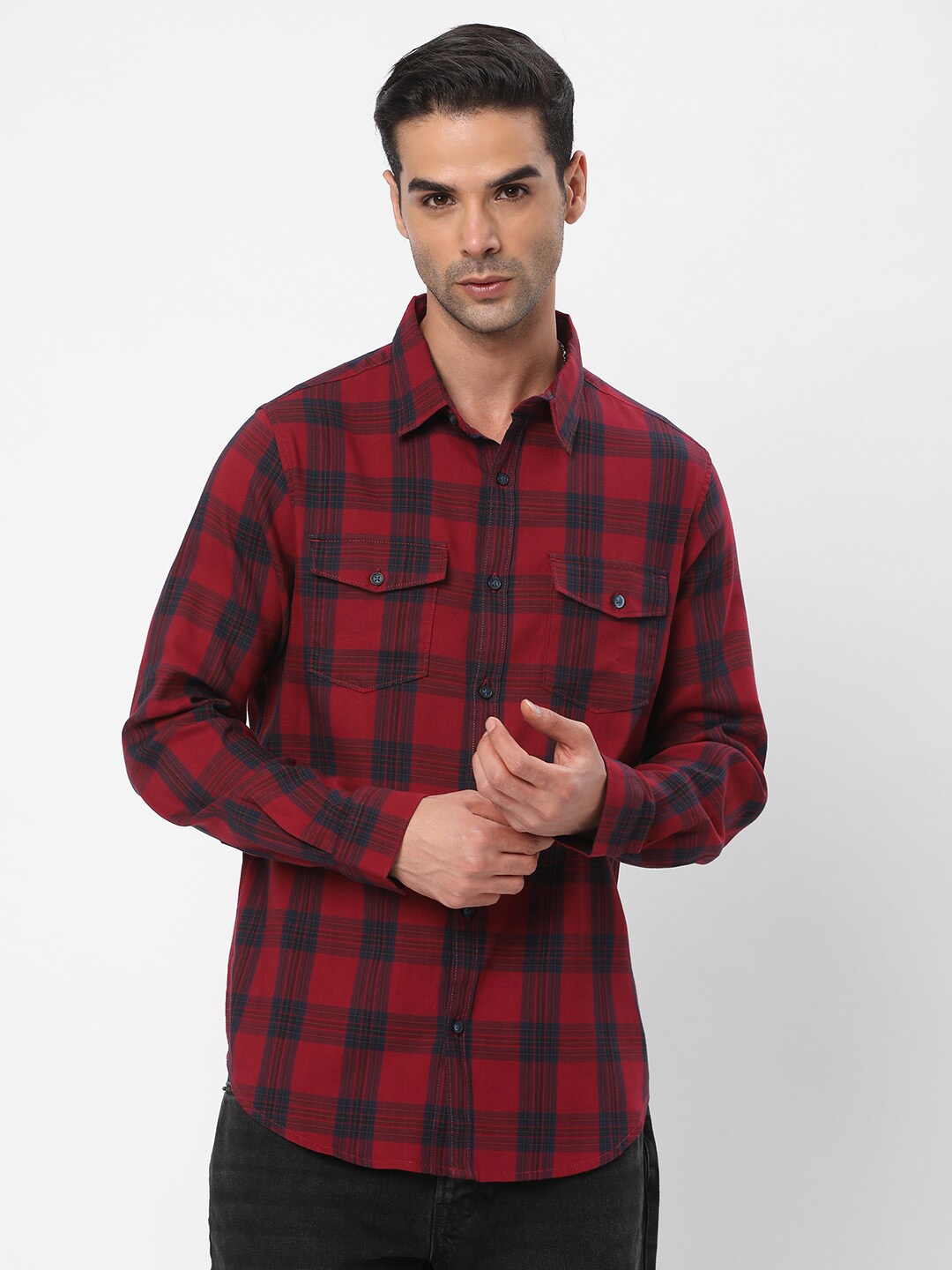 

R&B Tartan Checked Spread Collar Long Sleeve Cotton Casual Shirt, Red