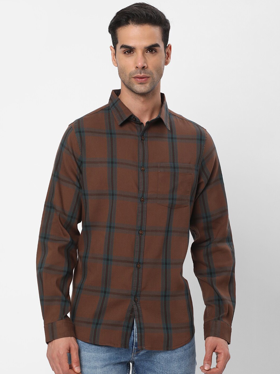 

R&B Tartan Checked Spread Collar Long Sleeve Cotton Casual Shirt, Brown