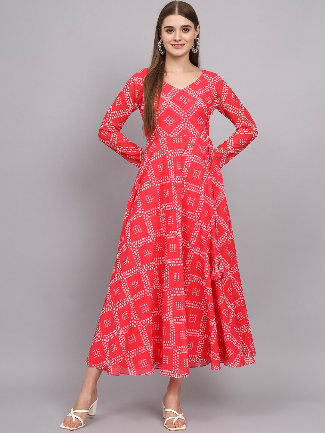 

BLACK SCISSOR Bandhani Printed Fit & Flared Maxi Ethnic Dress, Red