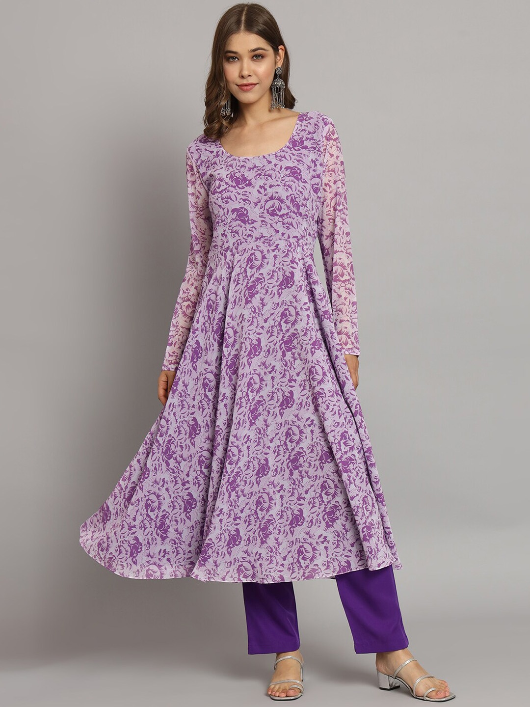 

BLACK SCISSOR Floral Printed Georgette Flared Maxi Kurta, Purple