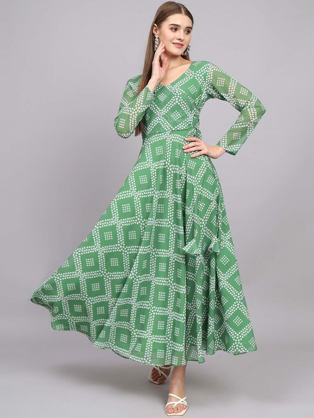 

BLACK SCISSOR Bandhani Printed Fit & Flared Maxi Ethnic Dress, Green