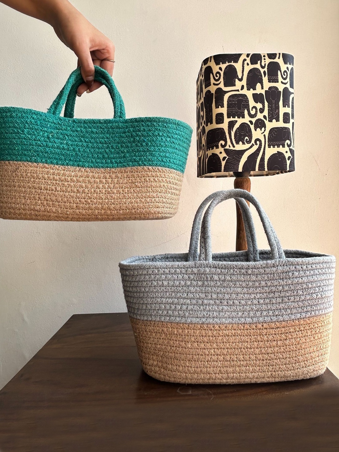 

JASMEY HOMES Green & Grey 2 Pieces Colourblocked Duotone Baskets