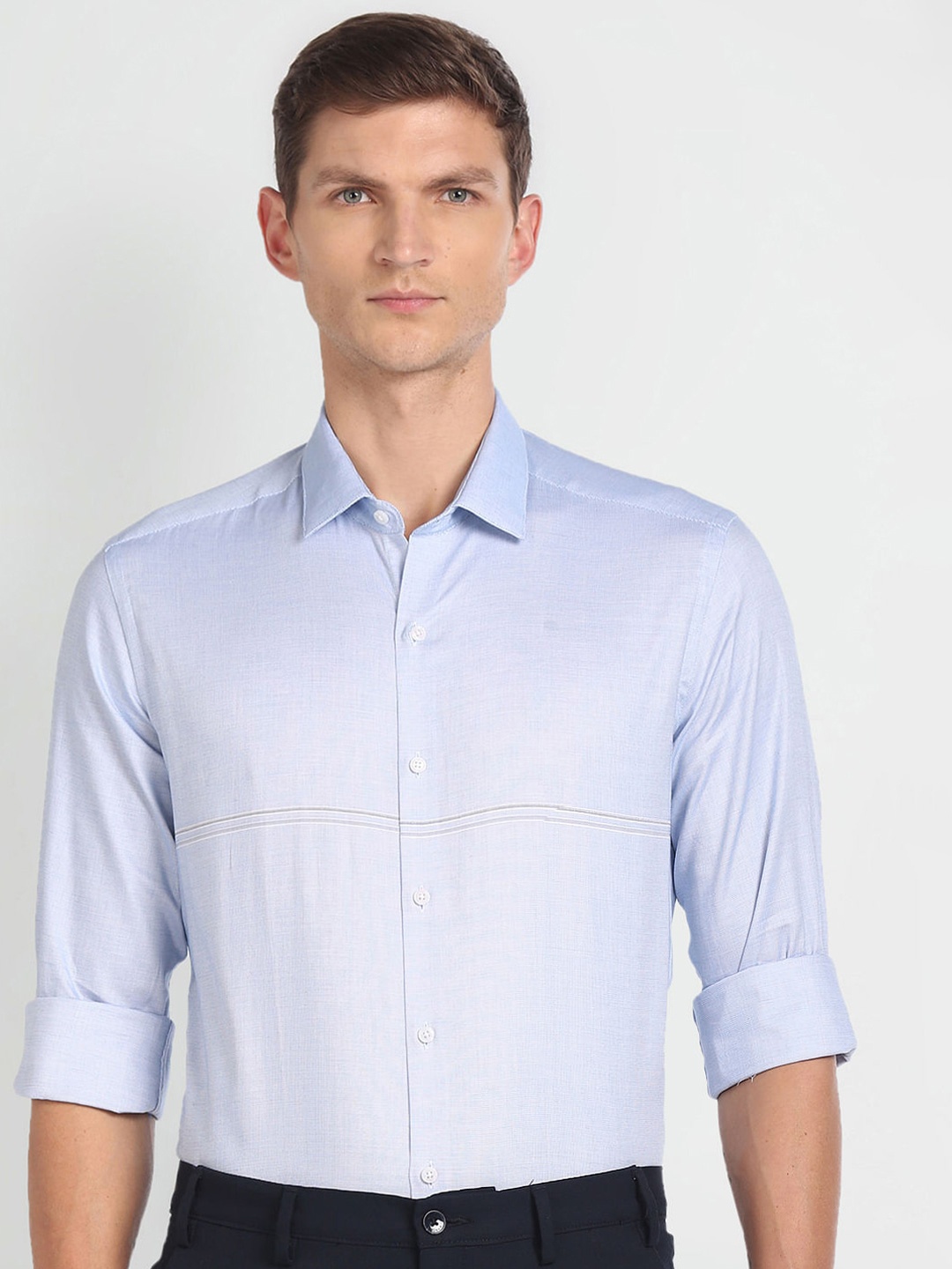 

Arrow Slim Fit Micro Disty Printed Pure Cotton Formal Shirt, Blue