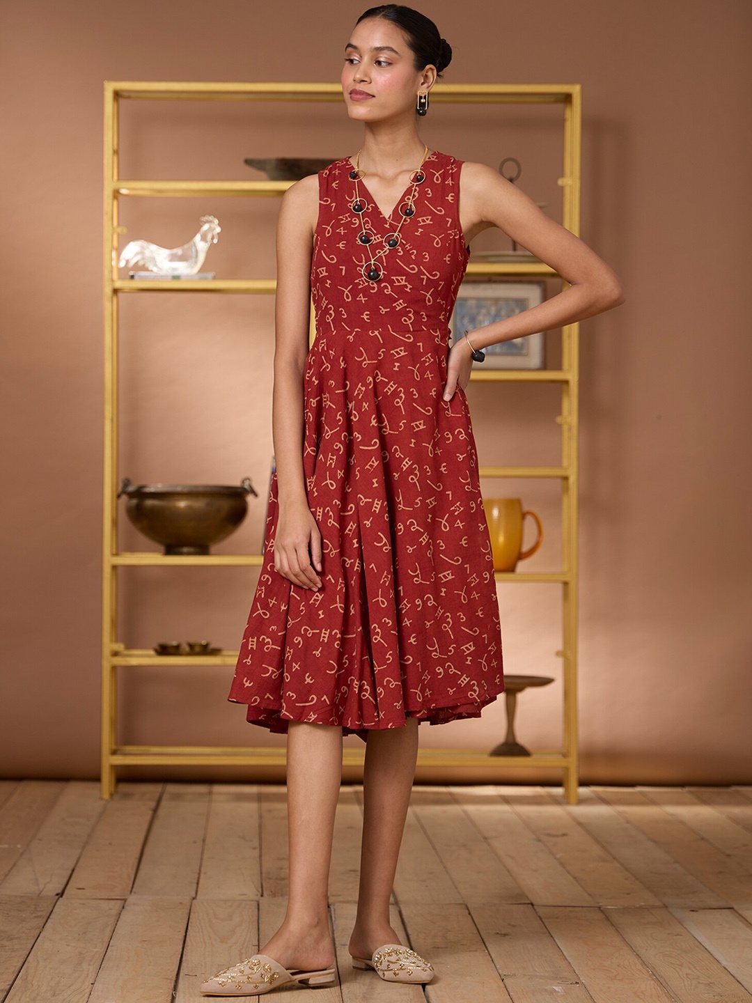 

OKHAI Typography Printed Cotton Wrap Midi Dress, Red