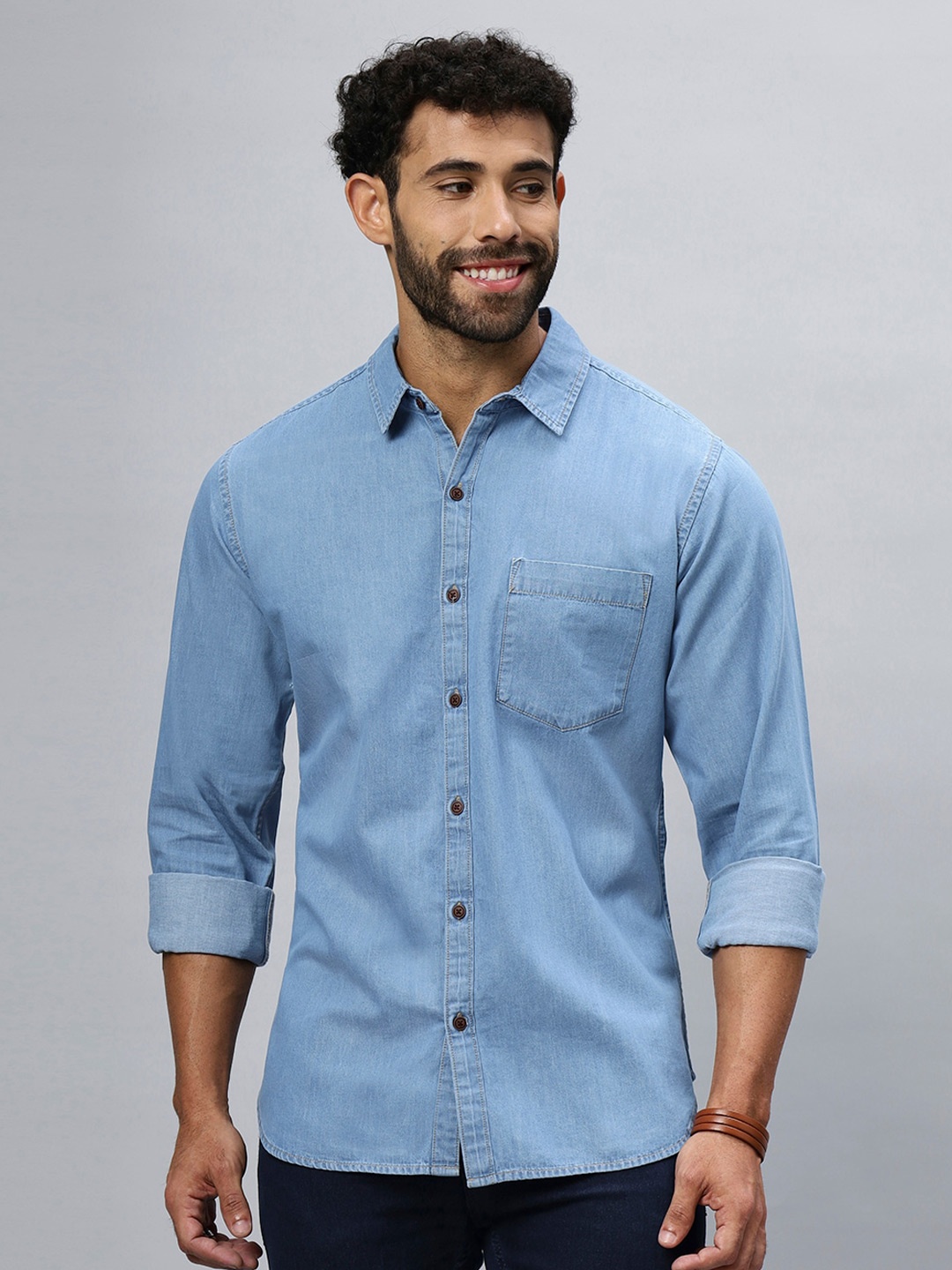 

R.Code by The Roadster Life Co. Modern Spread Collar Pocket Cotton Casual Shirt, Blue