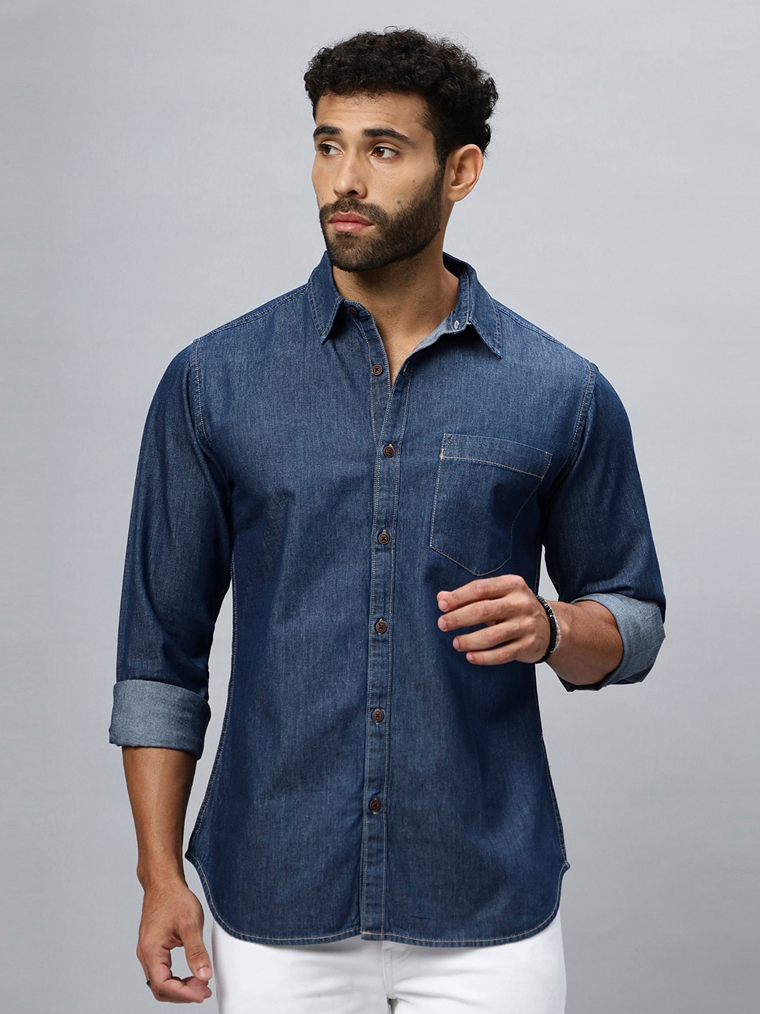 

R.Code by The Roadster Life Co. Modern Spread Collar Pocket Cotton Denim Casual Shirt, Blue