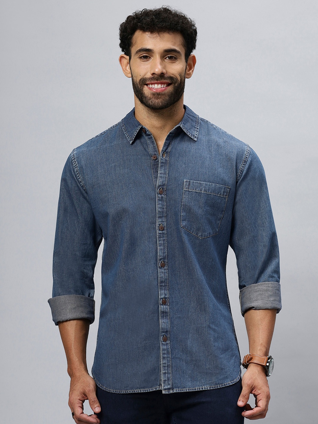 

R.Code by The Roadster Life Co. Modern Faded Cotton Denim Casual Shirt, Blue
