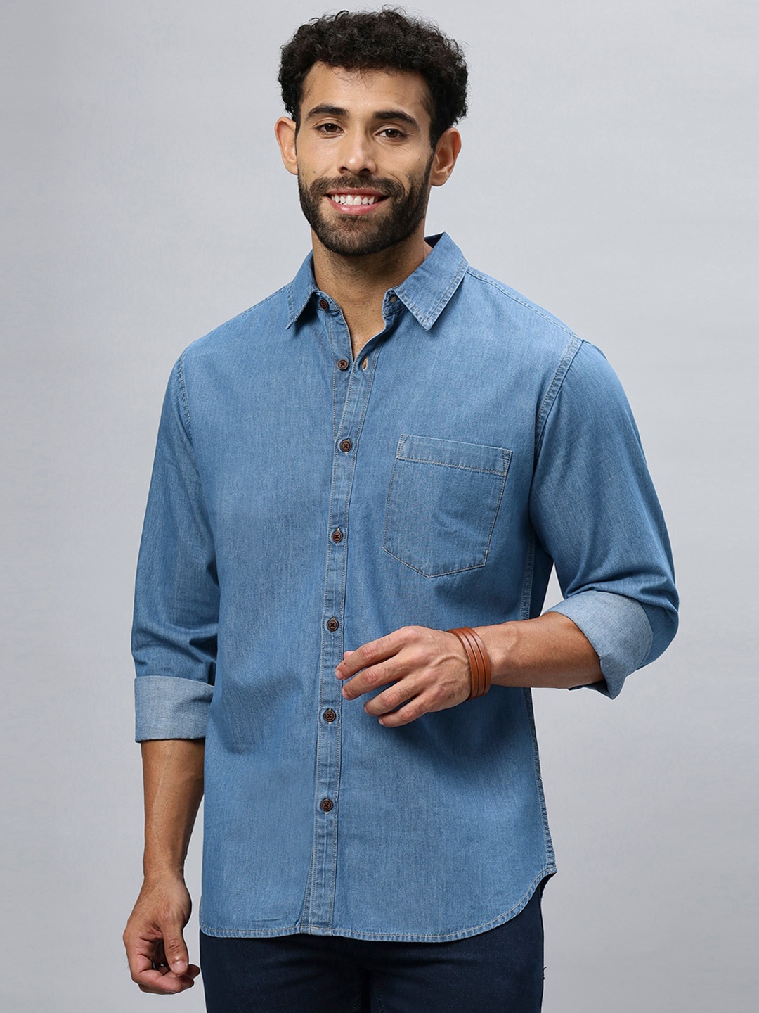 

R.Code by The Roadster Life Co. Modern Cotton Chambray Casual Shirt, Blue