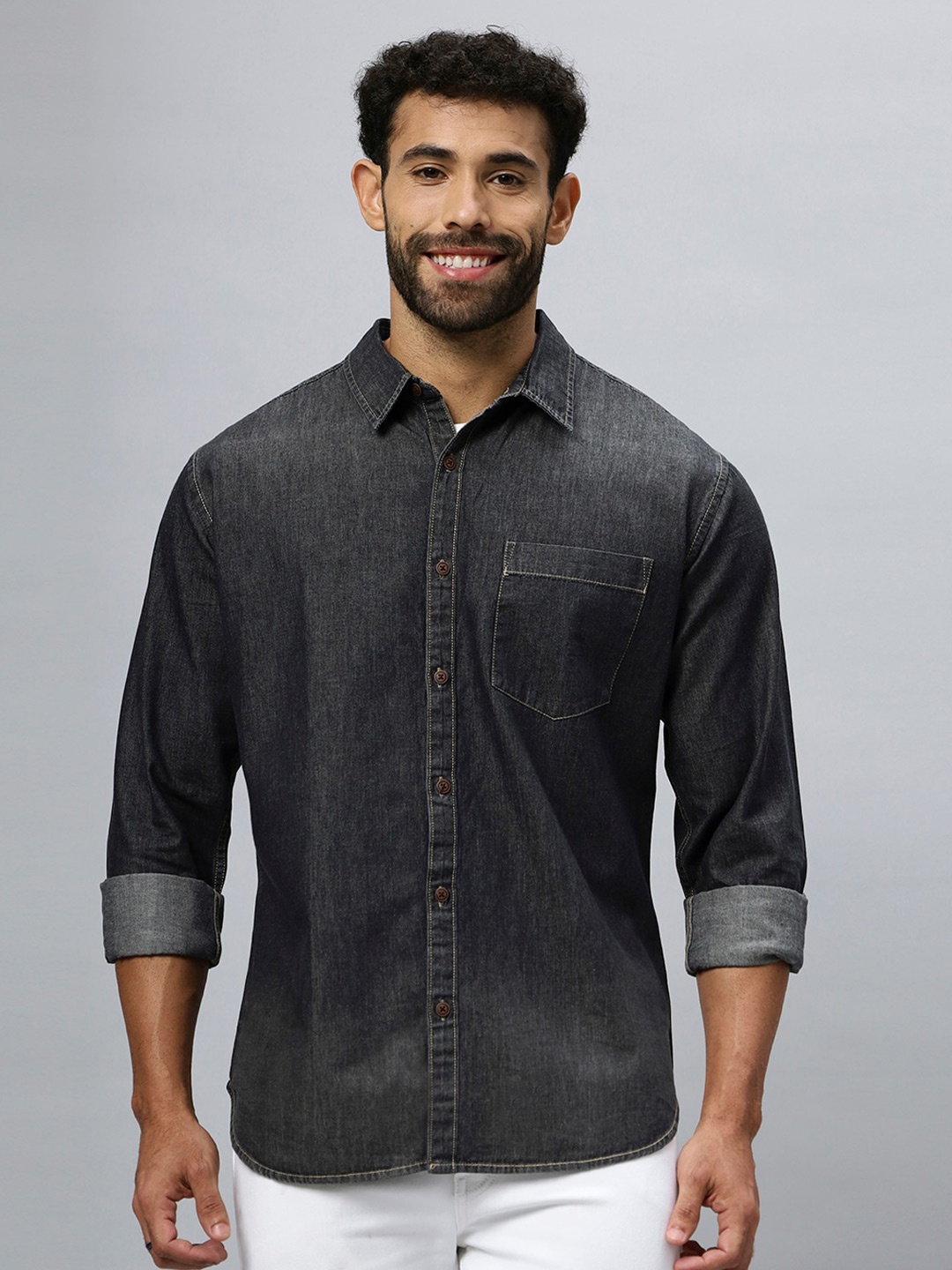 

R.Code by The Roadster Life Co. Modern Faded Cotton Denim Casual Shirt, Black
