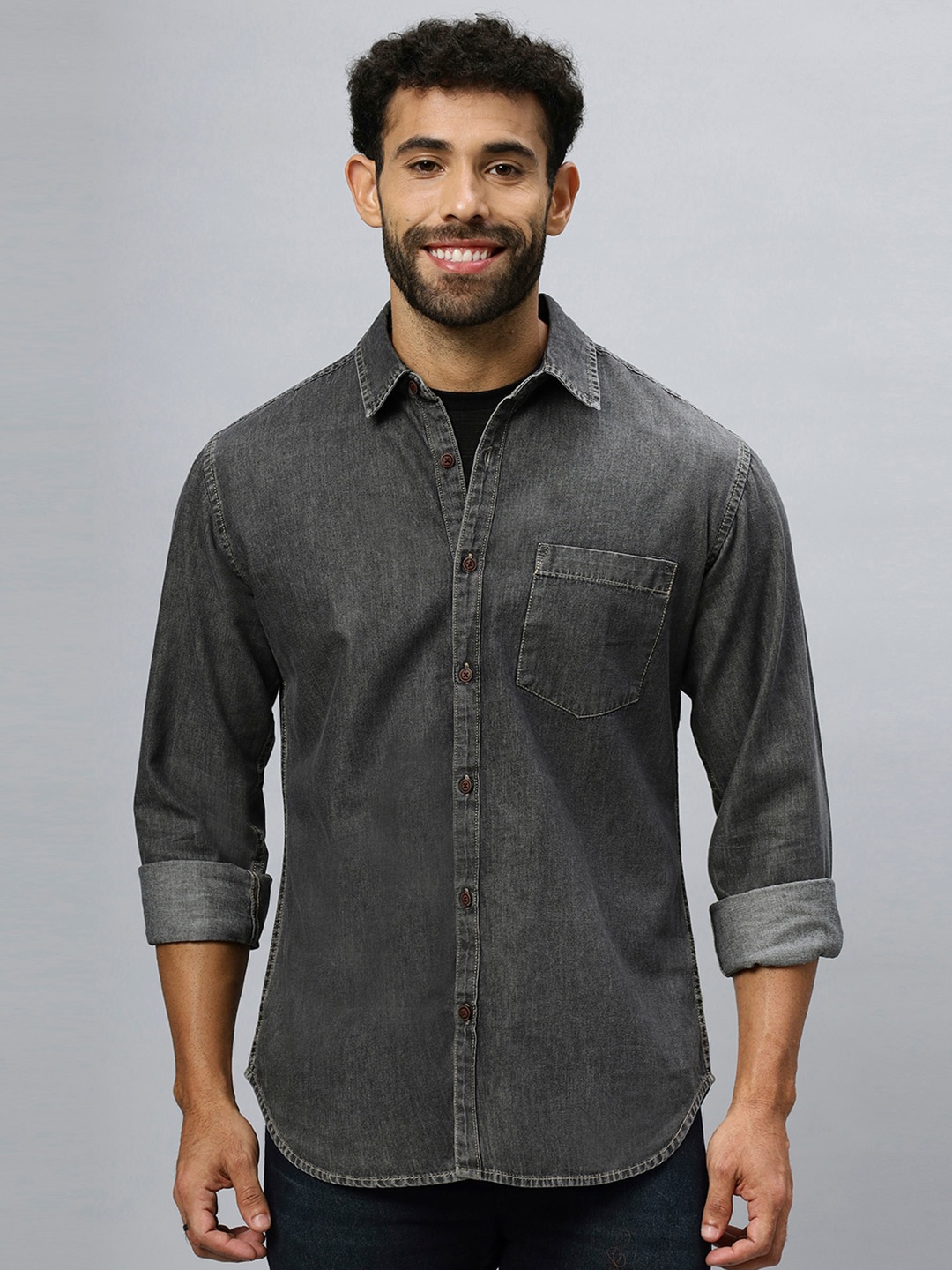 

R.Code by The Roadster Life Co. Modern Faded Cotton Denim Casual Shirt, Black